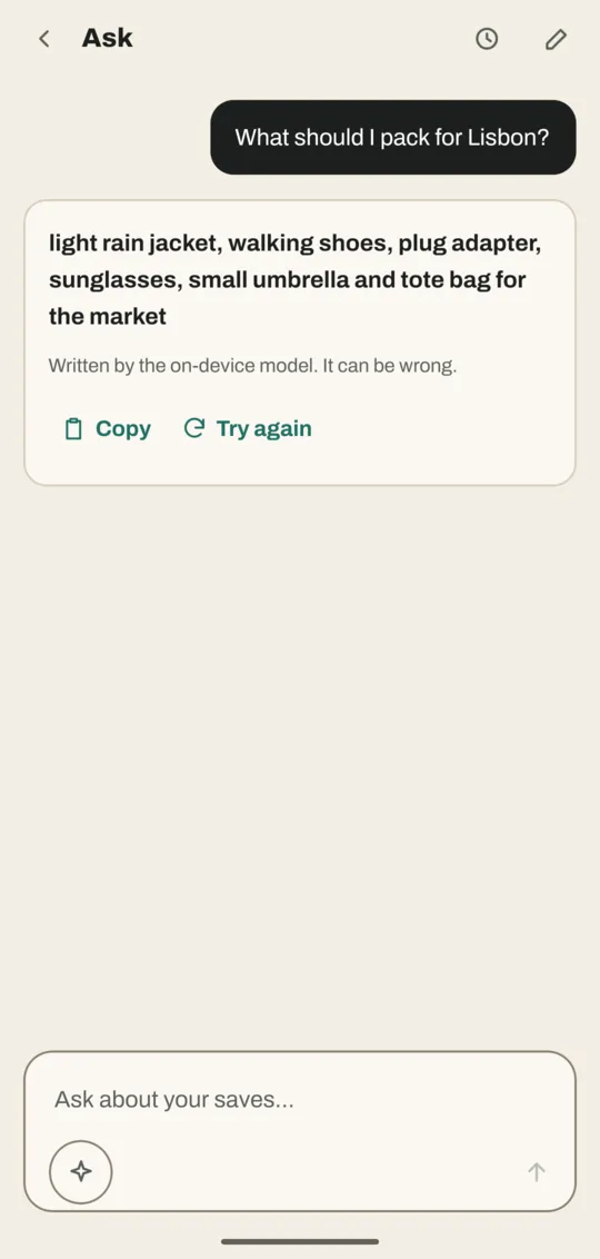 Ask screen with the question "What should I pack for Lisbon?", an answer listing a rain jacket, walking shoes and a plug adapter, and Copy and Try again buttons