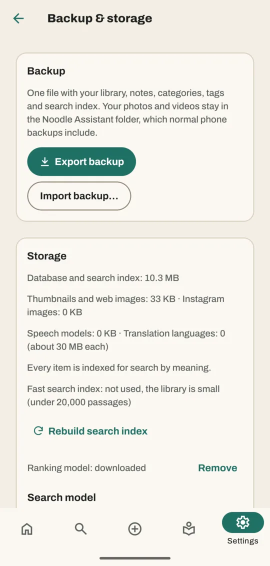 Backup and storage settings with the Export backup and Import backup… buttons, and the space your library uses below