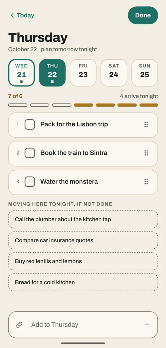 Thursday with three planned tasks, 7 of 6 in the bar, and four of today's open tasks listed under Moving here tonight, if not done
