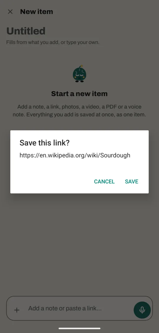 The Save page with the Save this link? box showing a Wikipedia address, and Cancel and Save buttons