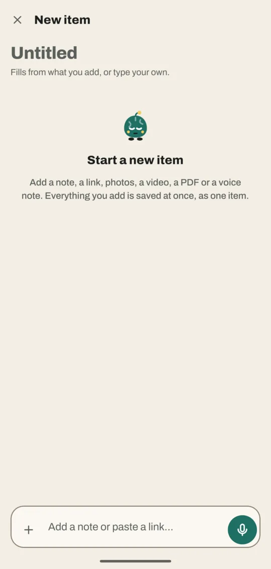Empty Save page titled New item, with Untitled as the title and a box saying Add a note or paste a link