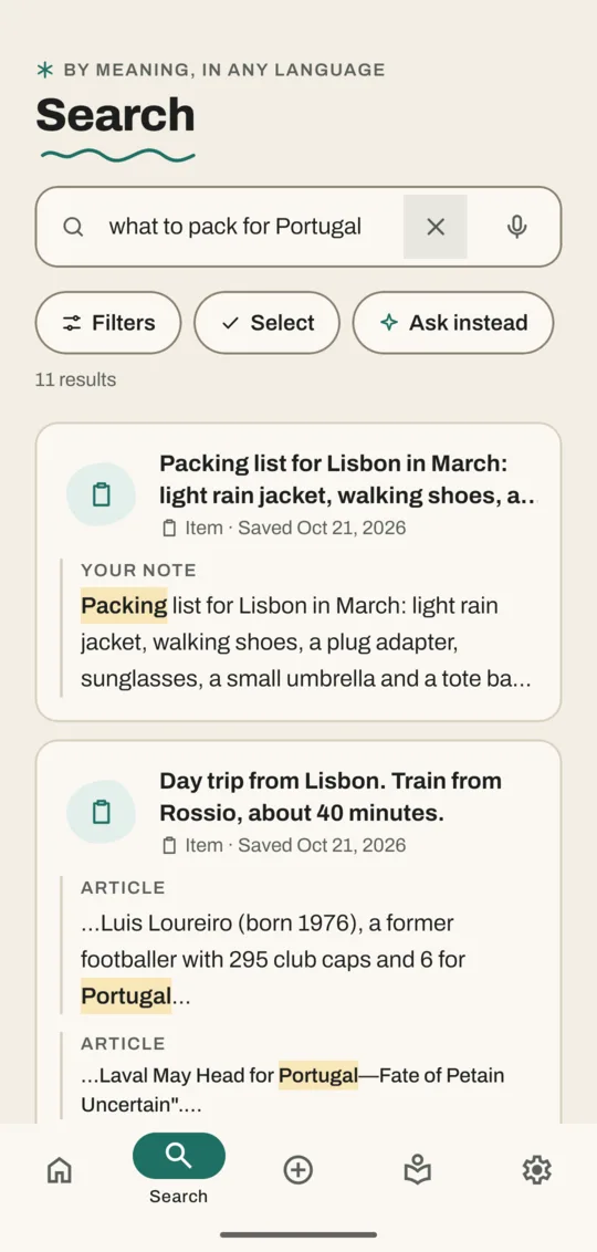 Search for "what to pack for Portugal" showing the Lisbon packing list first and a Lisbon day trip second