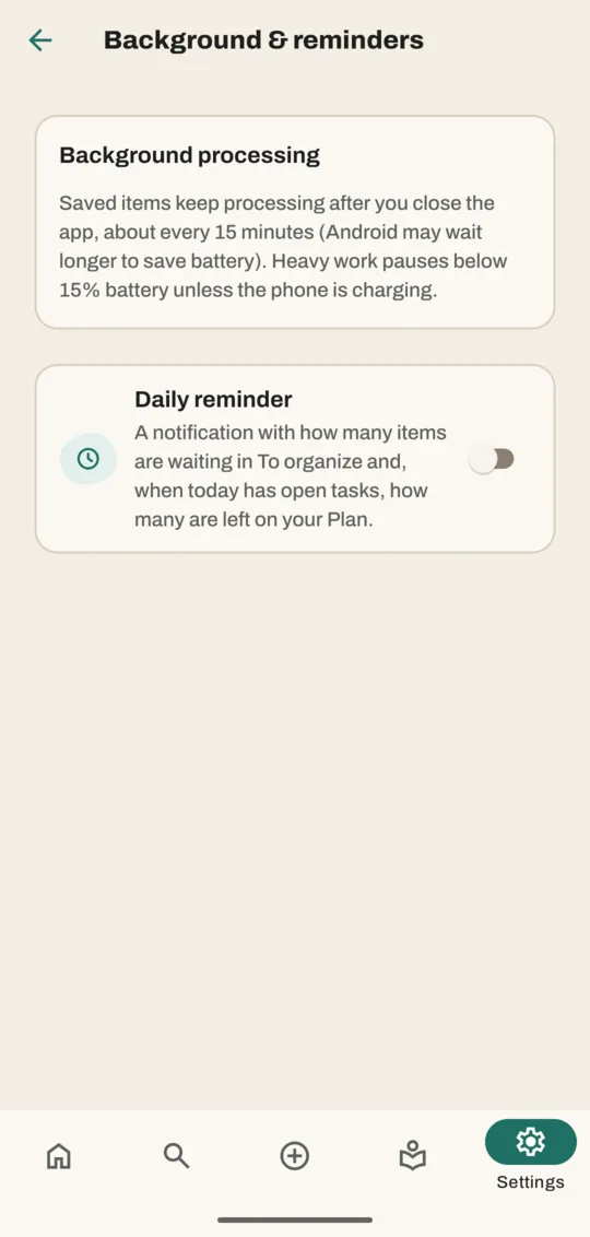 Background and reminders settings with the Background processing note and the Daily reminder switch, turned off