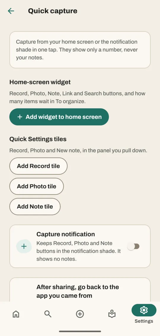 Quick capture settings with Add widget to home screen, Add Record tile, Add Photo tile, Add Note tile and the Capture notification switch turned off
