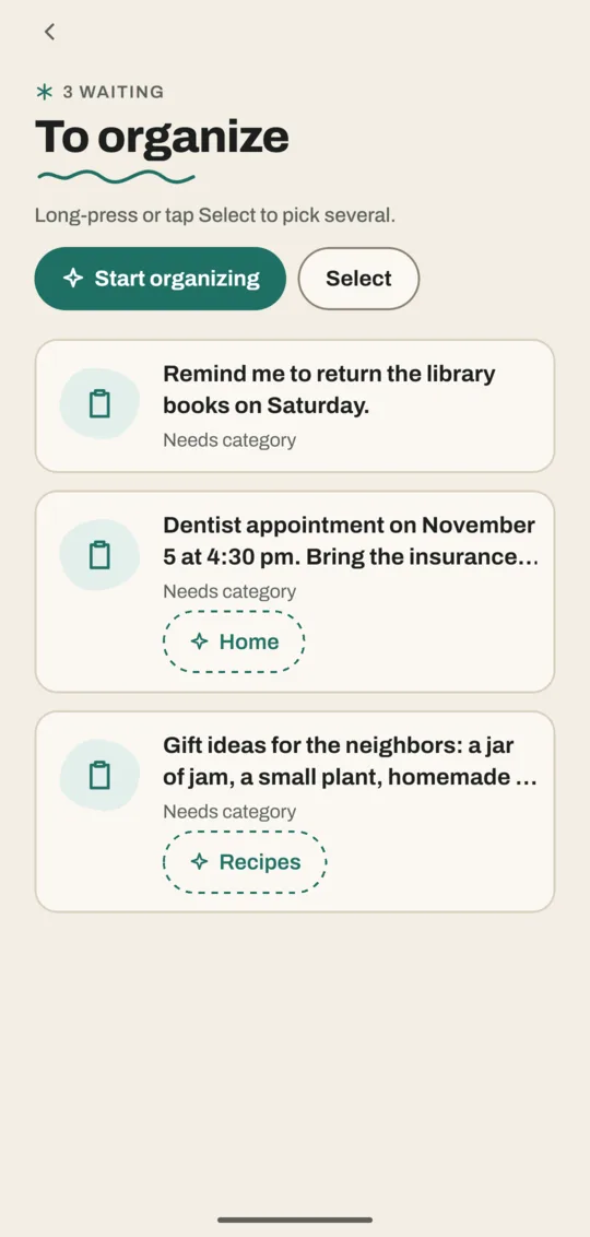 To organize with three waiting saves, a Start organizing button and suggested categories under two of them